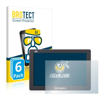 Front side of a product packaging with the brand logo BROTECT. Next to it is the device Feelworld FW279 7