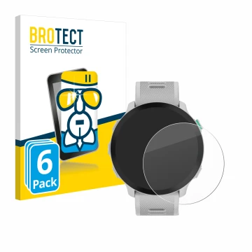 Front side of a product packaging with the brand logo BROTECT. Next to it is the device Garmin Forerunner 55 shown with the co