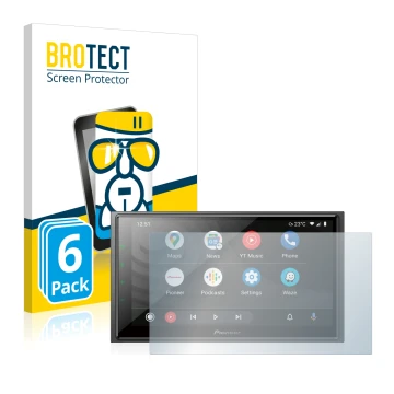 Front side of a product packaging with the brand logo BROTECT. Next to it is the device Pioneer SPH-EVO64DAB shown with the co