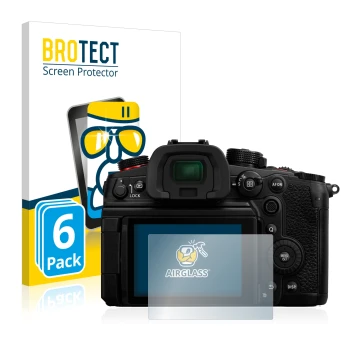 Front side of a product packaging with the brand logo BROTECT. Next to it is the device Panasonic Lumix DC-GH6 shown with the 