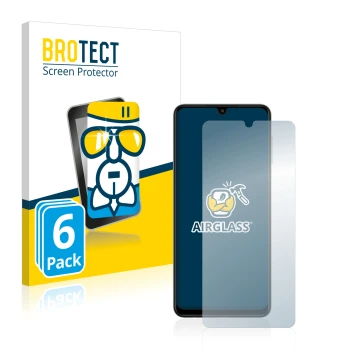 Front side of a product packaging with the brand logo BROTECT. Next to it is the device Samsung Galaxy A22 4G shown with the c