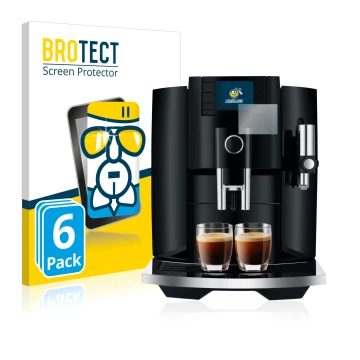 Front side of a product packaging with the brand logo BROTECT. Next to it is the device Jura E8 (EB) shown with the correspond