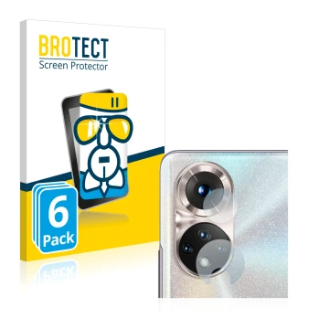 Front side of a product packaging with the brand logo BROTECT. Next to it is the device Honor 50 (ONLY Camera Lens) shown with