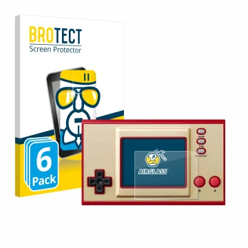 Front side of a product packaging with the brand logo BROTECT. Next to it is the device Nintendo Game & Watch Super Mario Bros
