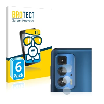 Front side of a product packaging with the brand logo BROTECT. Next to it is the device Motorola Edge 20 Pro (ONLY Camera Lens