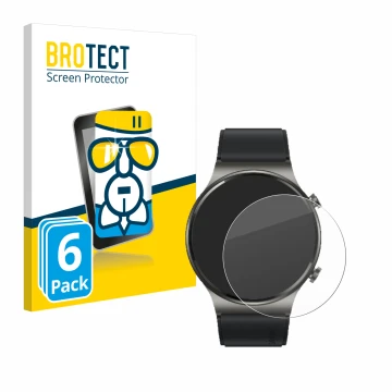 Front side of a product packaging with the brand logo BROTECT. Next to it is the device Huawei Watch GT 2 Pro ECG shown with t
