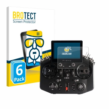 Front side of a product packaging with the brand logo BROTECT. Next to it is the device FrSky Tandem X20 shown with the corres