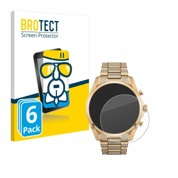 Front side of a product packaging with the brand logo BROTECT. Next to it is the device Michael Kors Access Gen 6 Bradshaw sho