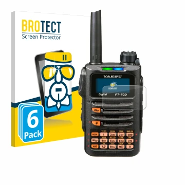 Front side of a product packaging with the brand logo BROTECT. Next to it is the device Yaesu FT-70DR shown with the correspon