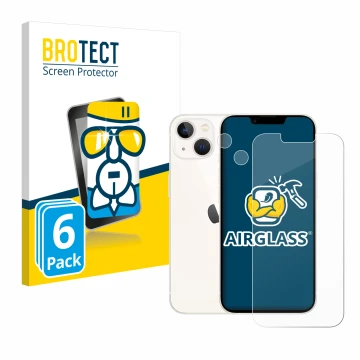 Front side of a product packaging with the brand logo BROTECT. Next to it is the device Apple iPhone 13 (Front+Camera) shown w