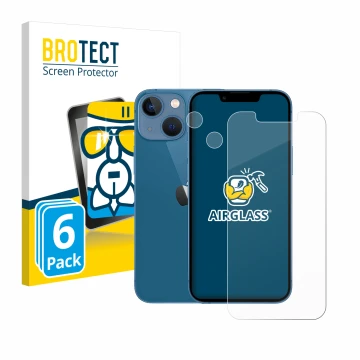 Front side of a product packaging with the brand logo BROTECT. Next to it is the device Apple iPhone 13 mini (Front+Camera) sh