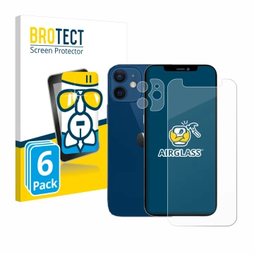 Front side of a product packaging with the brand logo BROTECT. Next to it is the device Apple iPhone 12 mini (Front+Camera) sh