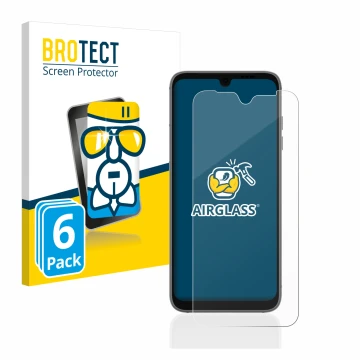 Front side of a product packaging with the brand logo BROTECT. Next to it is the device Fairphone 4 shown with the correspondi
