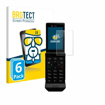 Front side of a product packaging with the brand logo BROTECT. Next to it is the device Caterpillar Cat S22 Flip shown with th