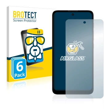 Front side of a product packaging with the brand logo BROTECT. Next to it is the device Motorola Moto E40 shown with the corre