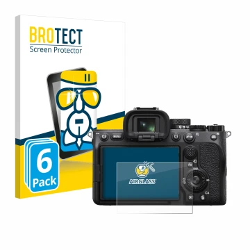 Front side of a product packaging with the brand logo BROTECT. Next to it is the device Sony Alpha 7 IV shown with the corresp