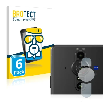 Front side of a product packaging with the brand logo BROTECT. Next to it is the device Sony Xperia Pro-I (ONLY Camera Lens) s
