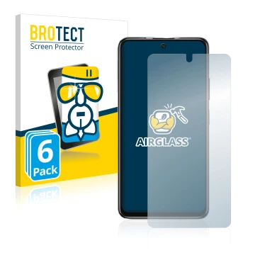 Front side of a product packaging with the brand logo BROTECT. Next to it is the device Xiaomi Poco M4 Pro 5G shown with the c