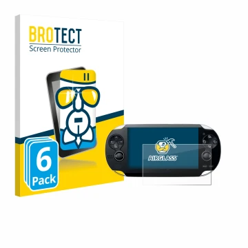 Front side of a product packaging with the brand logo BROTECT. Next to it is the device Sony Playstation PS Vita shown with th