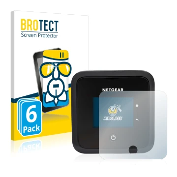 Front side of a product packaging with the brand logo BROTECT. Next to it is the device Netgear Nighthawk M5 shown with the co