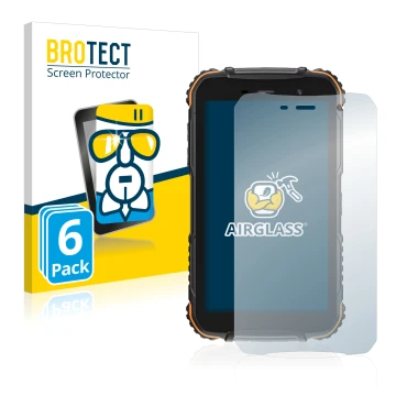 Front side of a product packaging with the brand logo BROTECT. Next to it is the device Doogee S35T shown with the correspondi