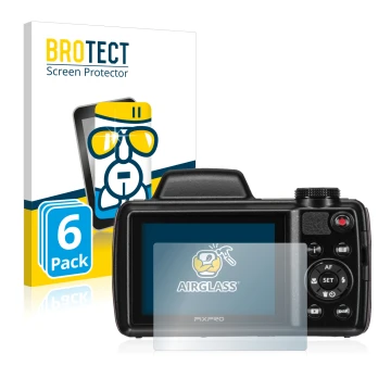 Front side of a product packaging with the brand logo BROTECT. Next to it is the device Kodak Pixpro AZ525 shown with the corr