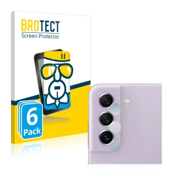 Front side of a product packaging with the brand logo BROTECT. Next to it is the device Samsung Galaxy S21 FE 5G (ONLY Camera 