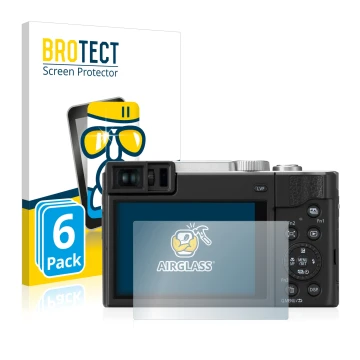 Front side of a product packaging with the brand logo BROTECT. Next to it is the device Panasonic Lumix DC-TZ95 shown with the