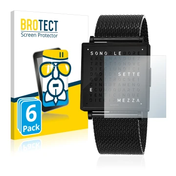 Front side of a product packaging with the brand logo BROTECT. Next to it is the device Qlocktwo W35 shown with the correspond