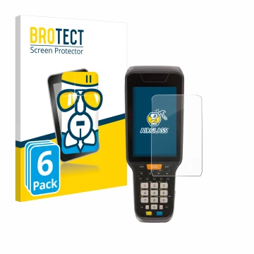 Front side of a product packaging with the brand logo BROTECT. Next to it is the device Datalogic Skorpio X5 shown with the co