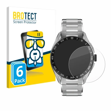 Front side of a product packaging with the brand logo BROTECT. Next to it is the device TAG Heuer Connected Calibre E4 (45 mm)