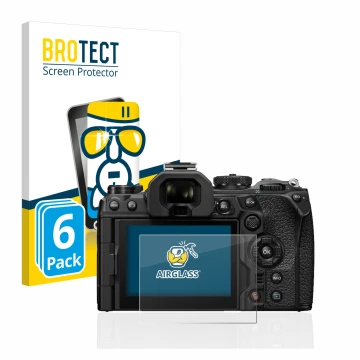 Front side of a product packaging with the brand logo BROTECT. Next to it is the device Olympus OM-1 2022 shown with the corre
