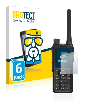 Front side of a product packaging with the brand logo BROTECT. Next to it is the device Hytera HP785 shown with the correspond