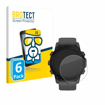 Front side of a product packaging with the brand logo BROTECT. Next to it is the device Garmin Descent G1 shown with the corre