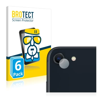 Front side of a product packaging with the brand logo BROTECT. Next to it is the device Apple iPhone SE 3 2022 (ONLY Camera Le