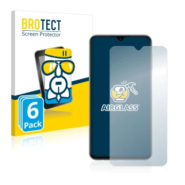 Front side of a product packaging with the brand logo BROTECT. Next to it is the device Samsung Galaxy M23 shown with the corr