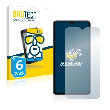 Front side of a product packaging with the brand logo BROTECT. Next to it is the device Samsung Galaxy A23 shown with the corr