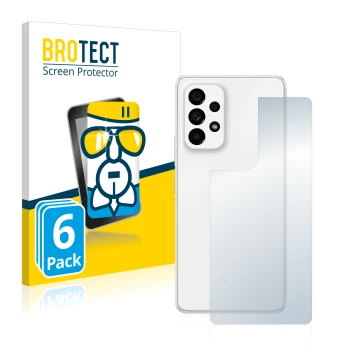 Front side of a product packaging with the brand logo BROTECT. Next to it is the device Samsung Galaxy A53 5G (Back) shown wit