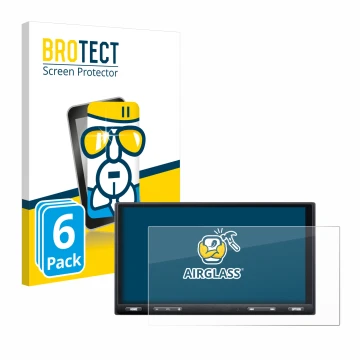 Front side of a product packaging with the brand logo BROTECT. Next to it is the device Sony XAV-AX5650 shown with the corresp
