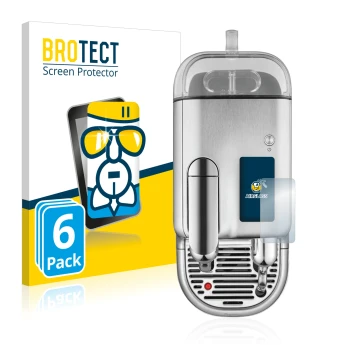 Front side of a product packaging with the brand logo BROTECT. Next to it is the device Sage Nespresso Creatista Pro shown wit