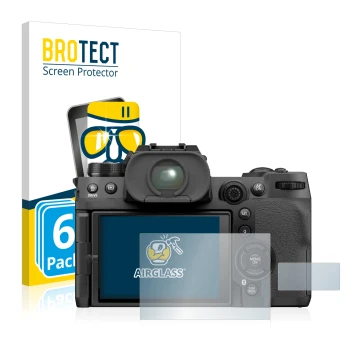 Front side of a product packaging with the brand logo BROTECT. Next to it is the device Fujifilm X-H2S shown with the correspo