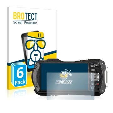 Front side of a product packaging with the brand logo BROTECT. Next to it is the device Ricoh WG-80 shown with the correspondi