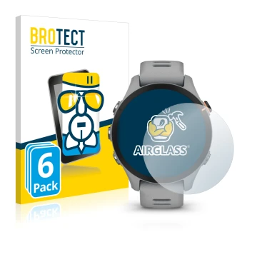 Front side of a product packaging with the brand logo BROTECT. Next to it is the device Garmin Forerunner 255S shown with the 