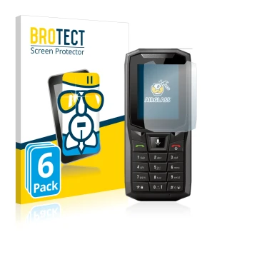 Front side of a product packaging with the brand logo BROTECT. Next to it is the device Crosscall Core-S4 shown with the corre