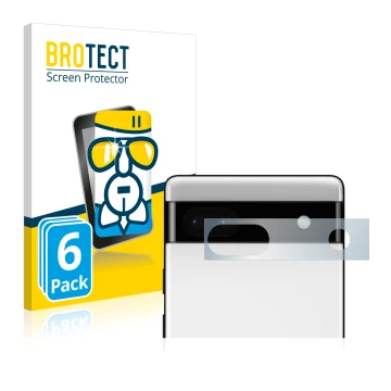 Front side of a product packaging with the brand logo BROTECT. Next to it is the device Google Pixel 6a (ONLY Camera Lens) sho