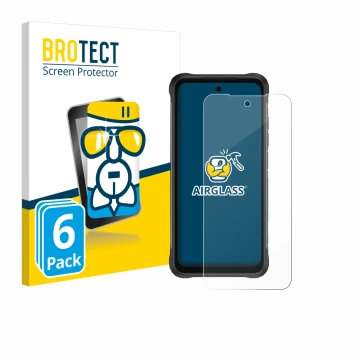 Front side of a product packaging with the brand logo BROTECT. Next to it is the device Umidigi Bison 2 Pro shown with the cor