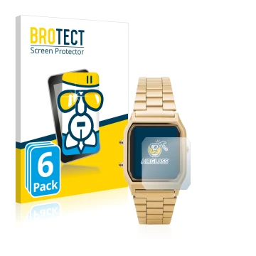 Front side of a product packaging with the brand logo BROTECT. Next to it is the device Casio AQ-230GA shown with the correspo