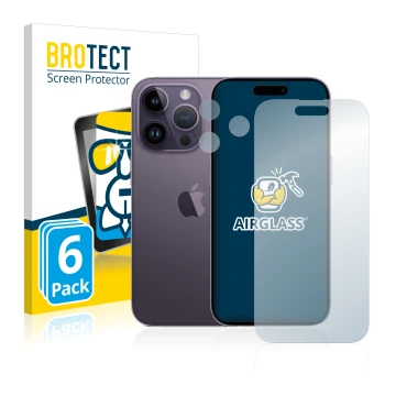 Front side of a product packaging with the brand logo BROTECT. Next to it is the device Apple iPhone 14 Pro (Front+Camera) sho