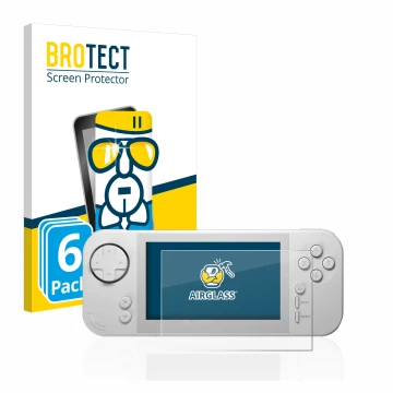 Front side of a product packaging with the brand logo BROTECT. Next to it is the device Evercade EXP shown with the correspond