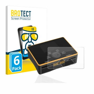 Front side of a product packaging with the brand logo BROTECT. Next to it is the device Junsi iCharger DX8 Duo shown with the 